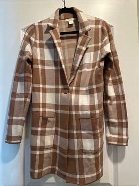 Christian Siriano Brown and White Plaid Single-Button Trench Coat